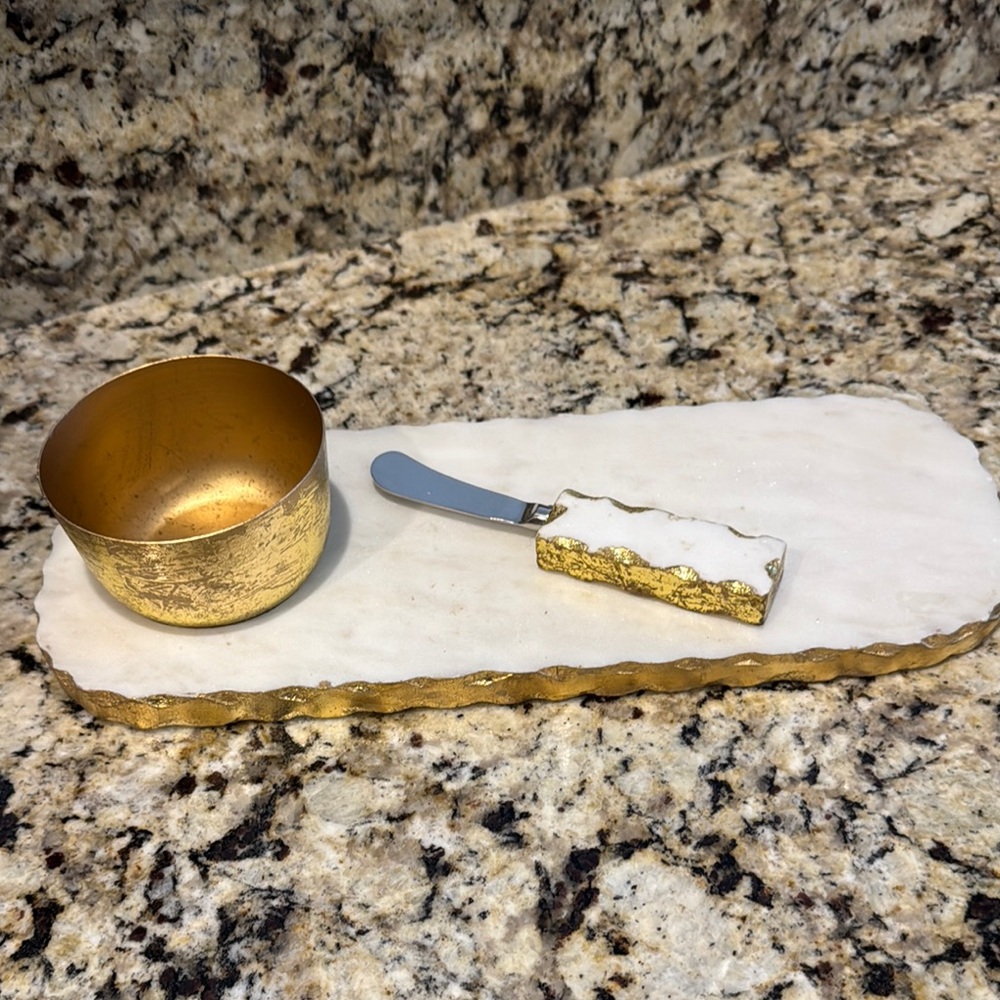Gold and White Marble Cheese Board Set